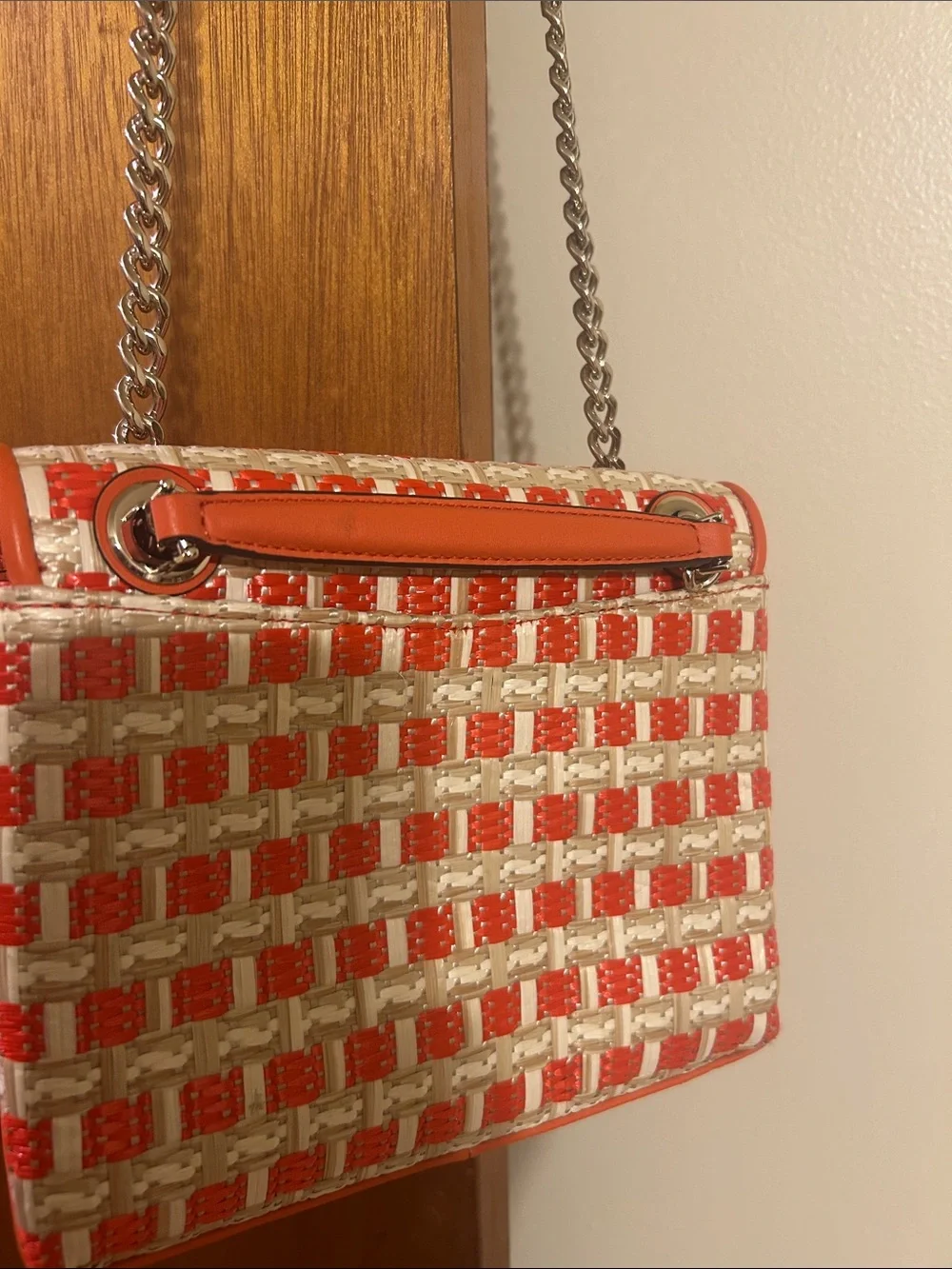 kate spade Orange and Off White Woven Shoulder Bag with Chain Strap